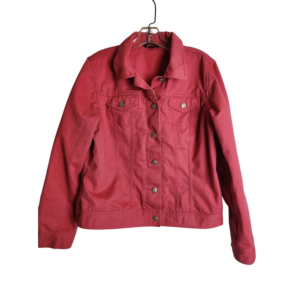 Lands End Womens Coral Denim Trucker Jacket Size L‎ 14-16 100% Cotton Solid